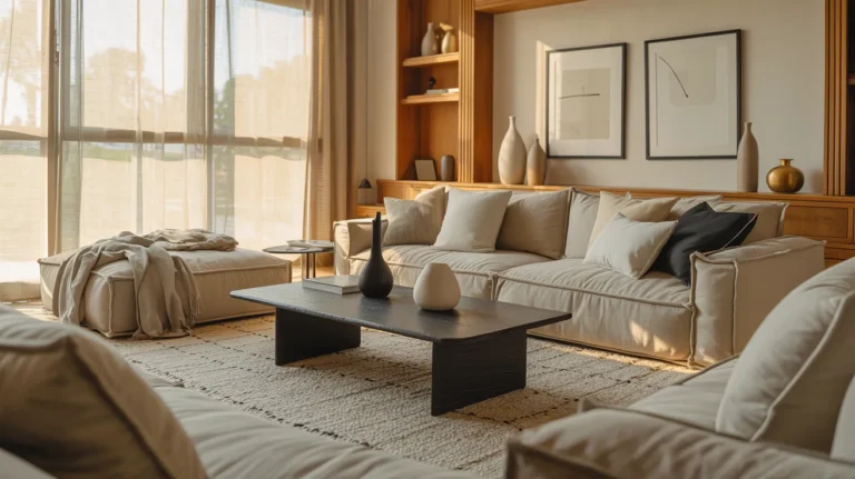 beige black and white living room