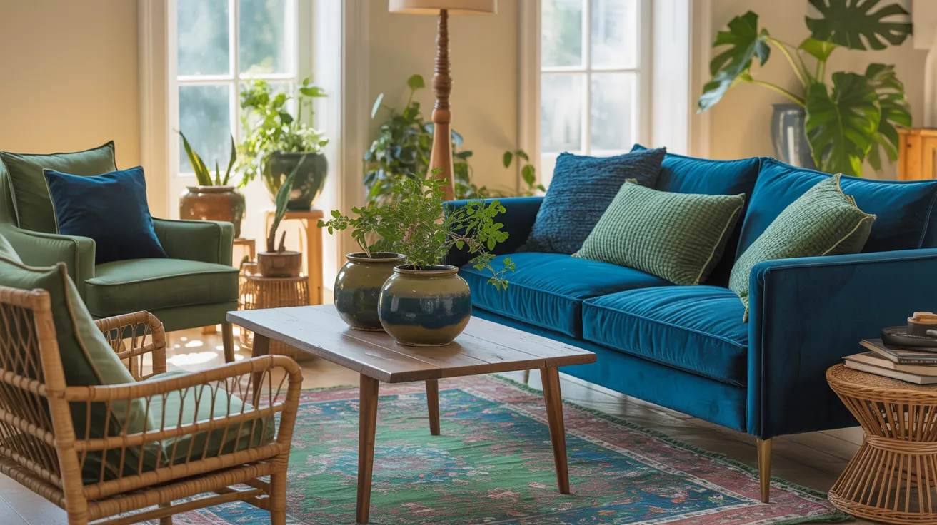 blue and green boho living room